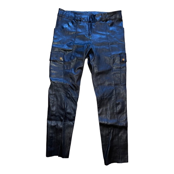 TORY BURCH Black Leather Stretch Skinny Straight Cargo Moto Pants Women’s 8 - Picture 2 of 7